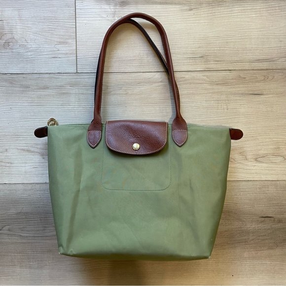 Longchamp Le Pilage Tote Shoulder Bag Purse Green-Brown “Lichen” Leather-Medium - Picture 3 of 10